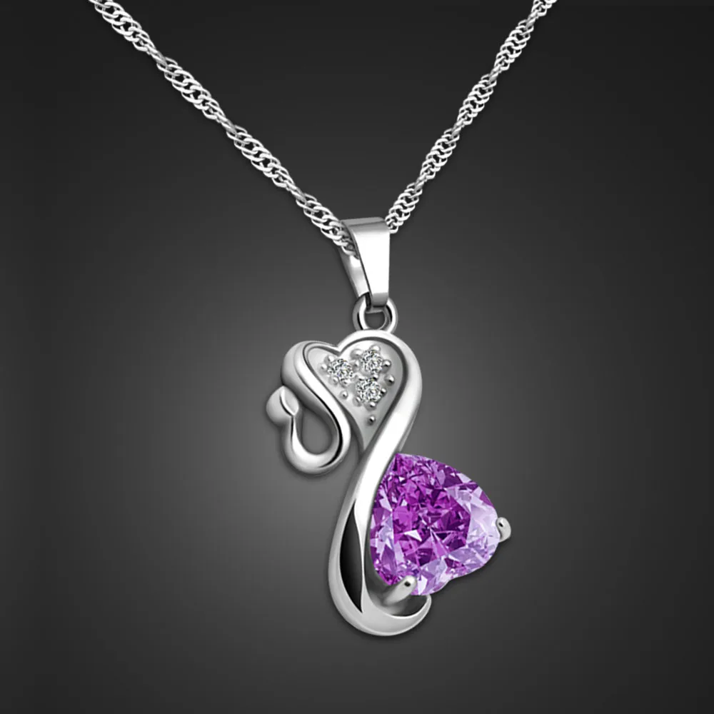 

Fashion Elegant Purple Zircon Pendant Choker Women 100% 925 Sterling Silver Necklace Water Wave Chain Jewelry Gift