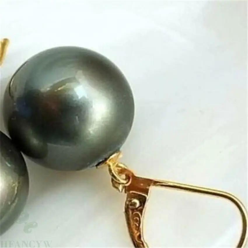 16mm Round Black Shell Pearl Earrings 18k Hook chic Flawless aurora gorgeous wedding hand-made Huge