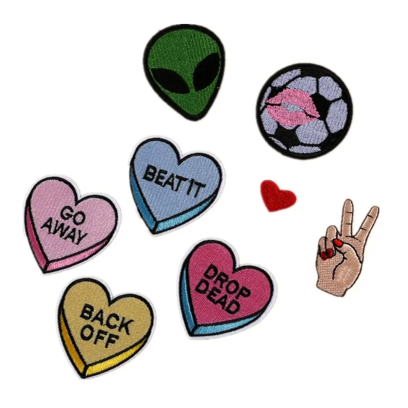 

50pcs/Lot Embroidery Patch Letter Alien Finger Love Heart Football Lip Shirt Bag Clothing Decoration Craft Diy