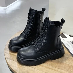 Botines clásicos de cuero para mujer, zapatos góticos Punk de tacón medio, botas cortas de combinación, zapatos de plataforma, color Beige y negro, verano y otoño, 2021