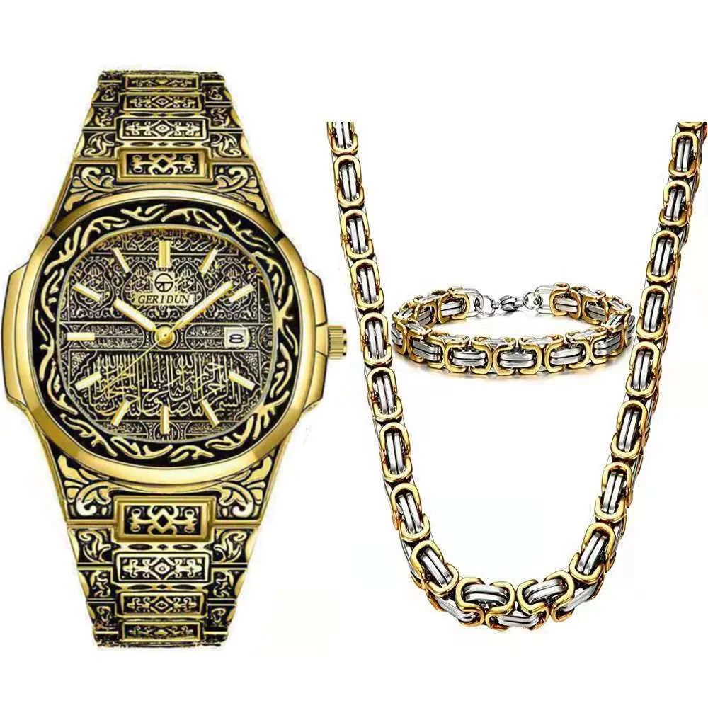 Necklace+Watch+Bracelet Hip Hop Luxury Stainless Steel 8mm Imperial Link Chain Vintage Gold Watch for Men Jewelry Watch Set Gift