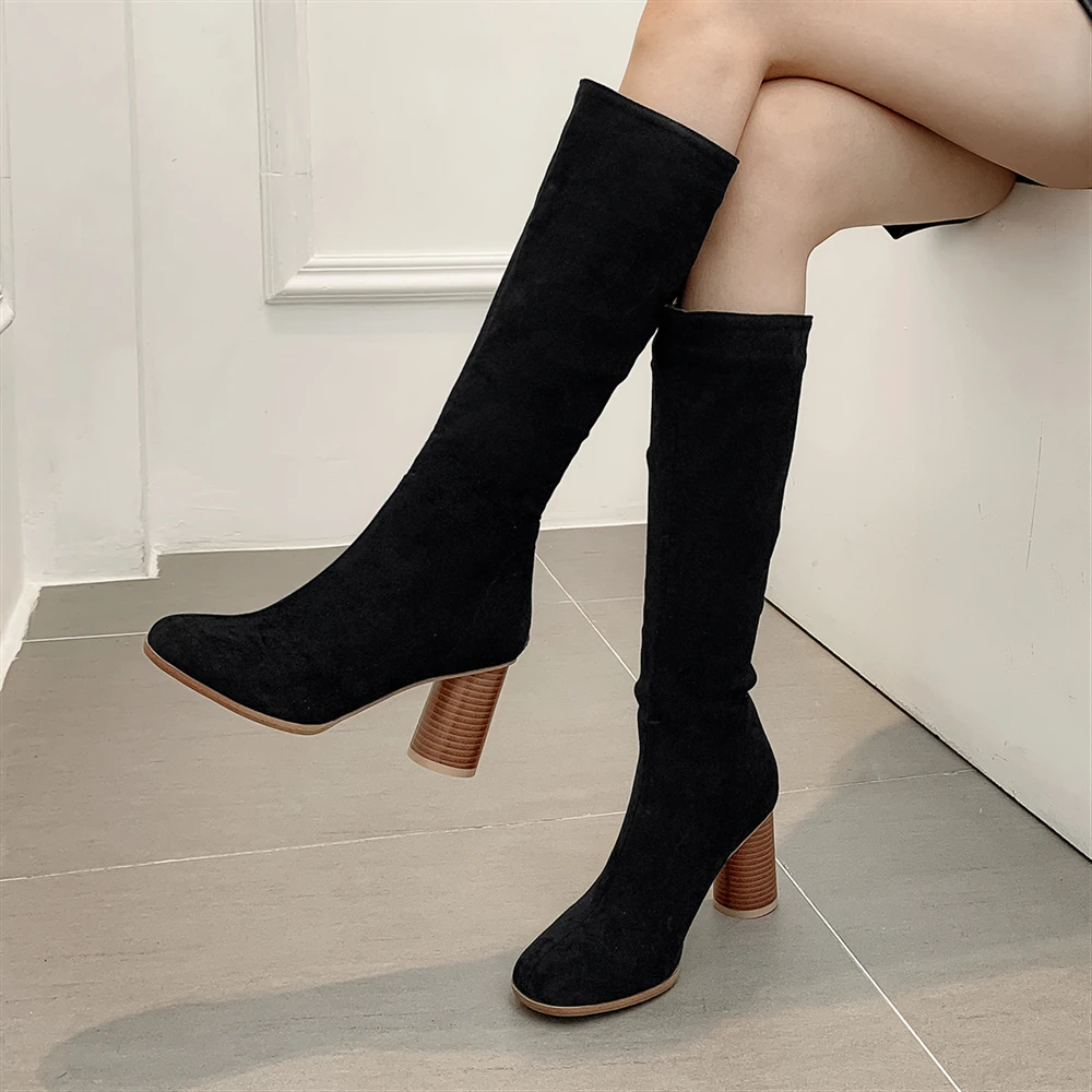 

Plus Size 34-48 High Heels Knee High Boots Women Flock Leather Winter Boots Women Long Boots Sexy Fashion 2019 Pumps Shoes Boots