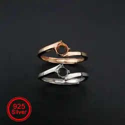 3-5MM Round Bezel Simple Bypass Shank Rose Gold Plated Solid 925 Sterling Silver Adjustable Prong Ring Settings 1210069