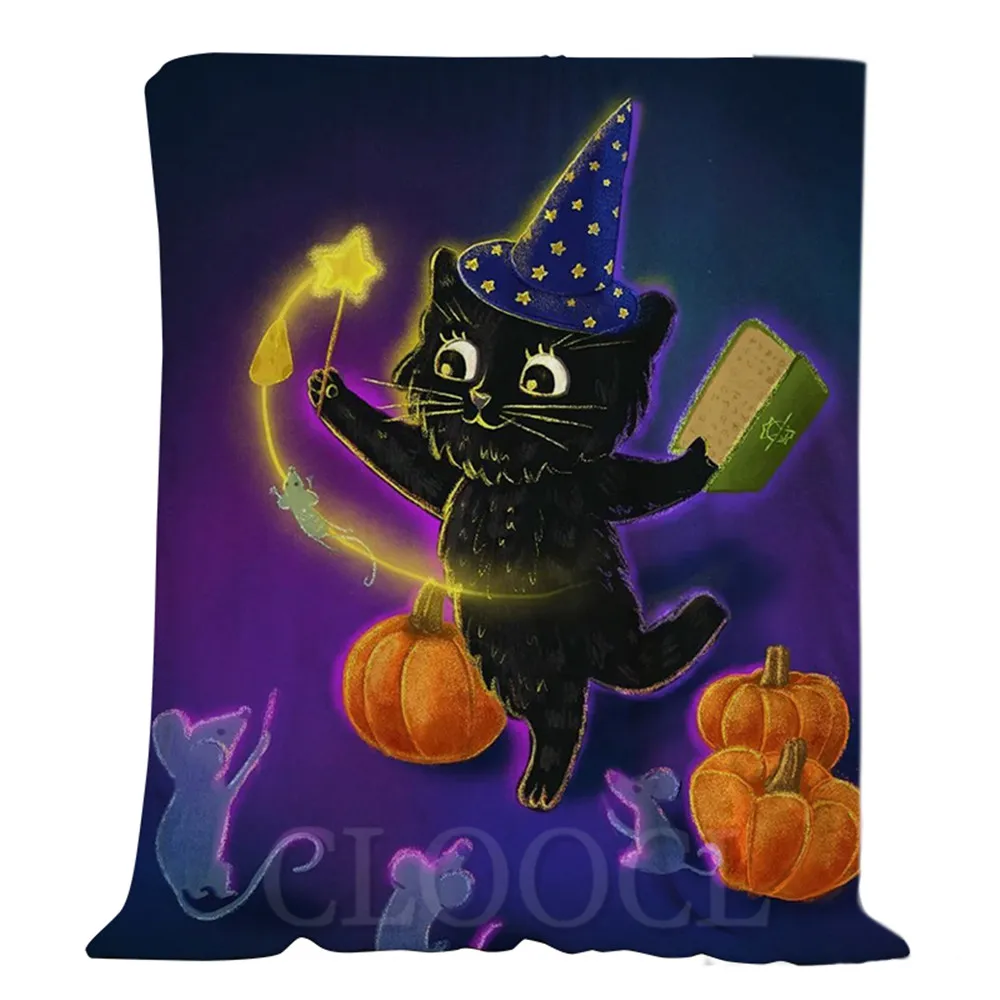 

HX Halloween Flannel Blankets Magic Cat Cartoon 3D Print Halloween Blanket Funny Fastival Party Plush Quilts