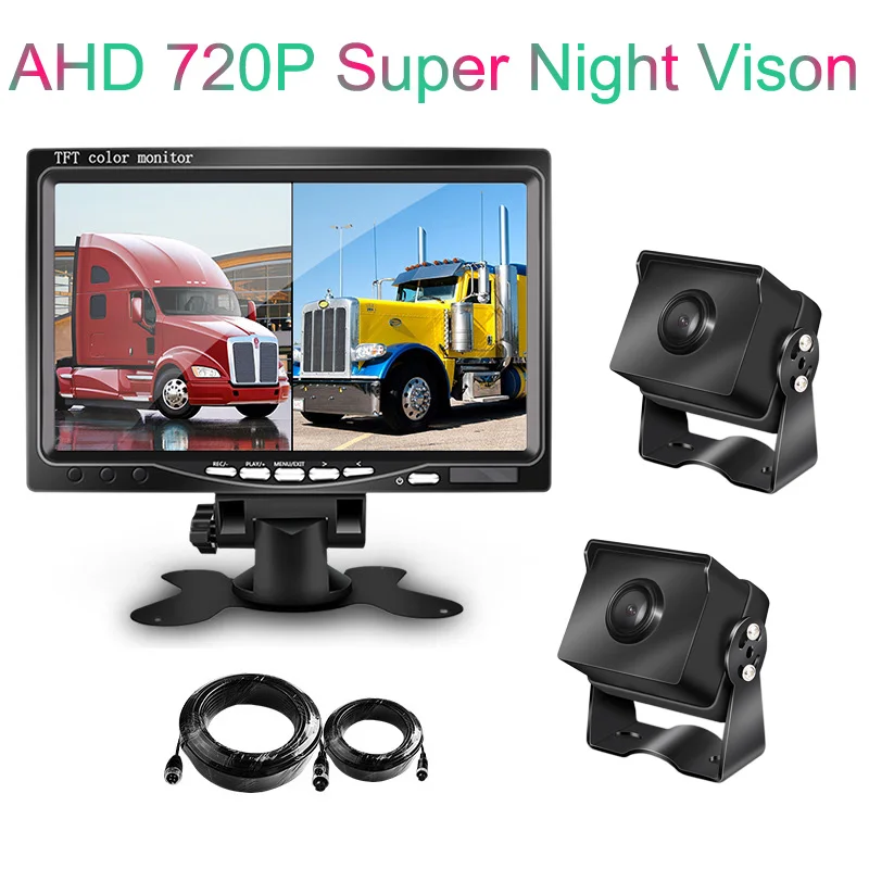 AHD 720P 7 inch Car Truck DVR Monitor with 2pcs Supper Night Vision Rear View Camera System 12-36V/ 2 Channel Recording