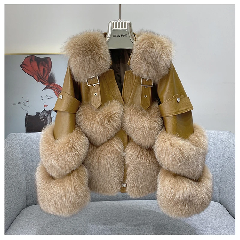 ZDFURS * 2021 winter fox fur coat female short fur coats sheepskin with fox fur collar New buckle strap design Chest heart shape