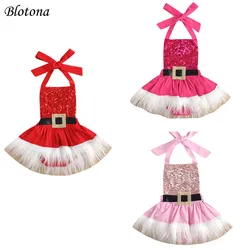 Blotona Baby Girl Sequins Romper Dress, Christmas Plush Santa High Waist Hanging Neck Plaid Loose Backless Midi Dress 0-24Months