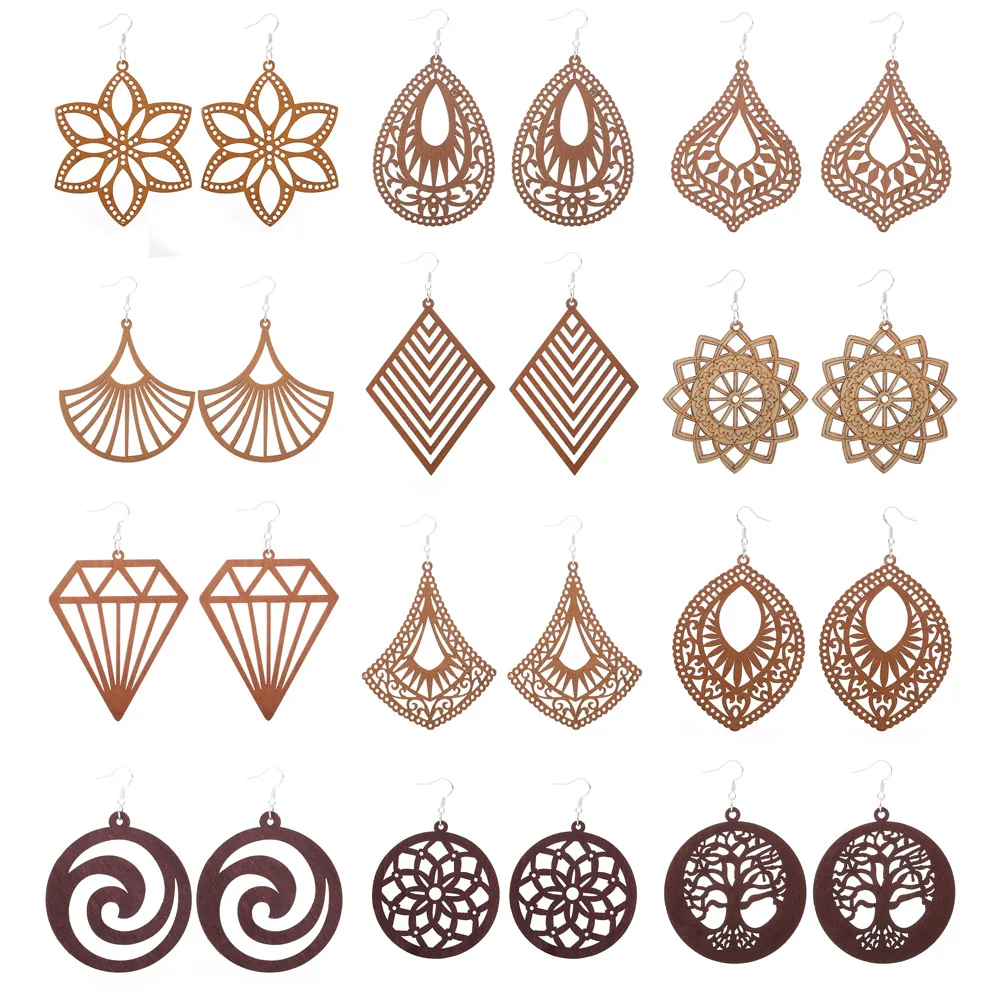 SOMESOOR Fashion Engraved African Ethnic Wooden Drop Earrings Laser Cutting Carved Natural Wood Dangle Jewelry For Women Gifts