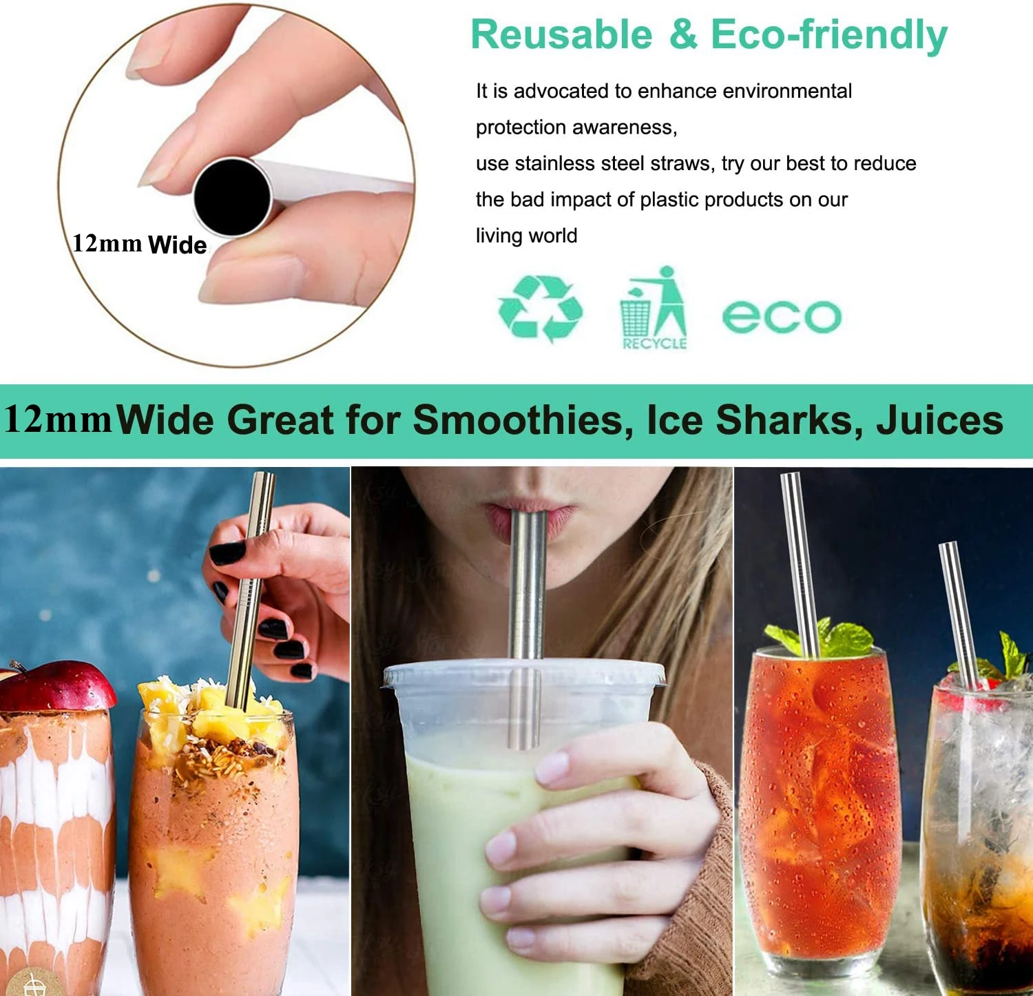 1pc 12mm Reusable Drinking Straw 304 Stainless Steel Straw Metal Straws with Cleaning Brush Set Milkshake Bubble Tea Straw