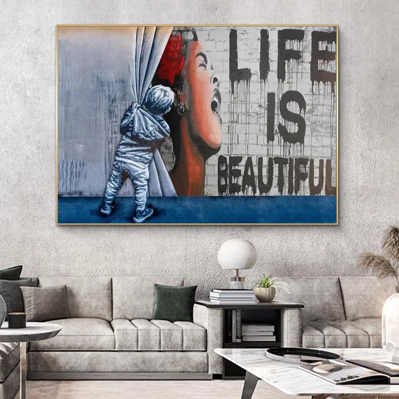 

Life Is Beautiful Boy Curtain Unveil Street Art Oil Painting Original Graffiti Banksy Style Wall Modern Abstract Canvas Decor