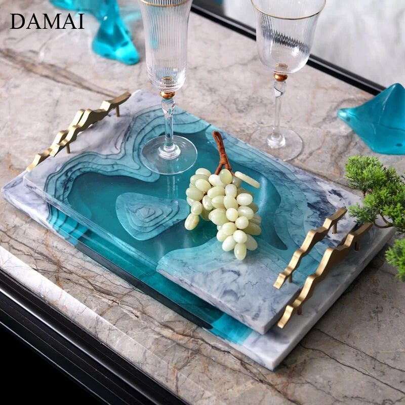 Chinese Mountain Watercolor Painting Trays Decorative Gold Inlay Handle Living Room Desktop Storage Tray Home Decoration Modern