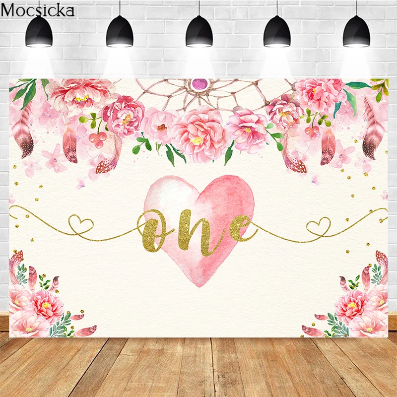 

1st Birthday Photography Background Love Flowers Feather Decoration Props Baby Shower Children's Party Photo Backdrop Banner