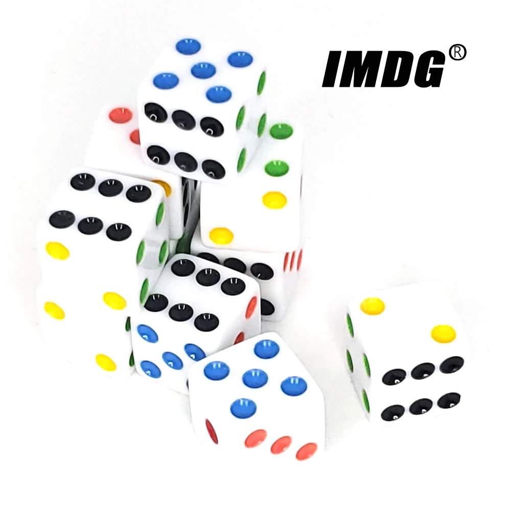 Dados acrílicos blancos de 16mm, cubos de esquina cuadrados con puntos de colores, KTV, Bar, juegos de azar, Casino, 10 unids/lote por paquete