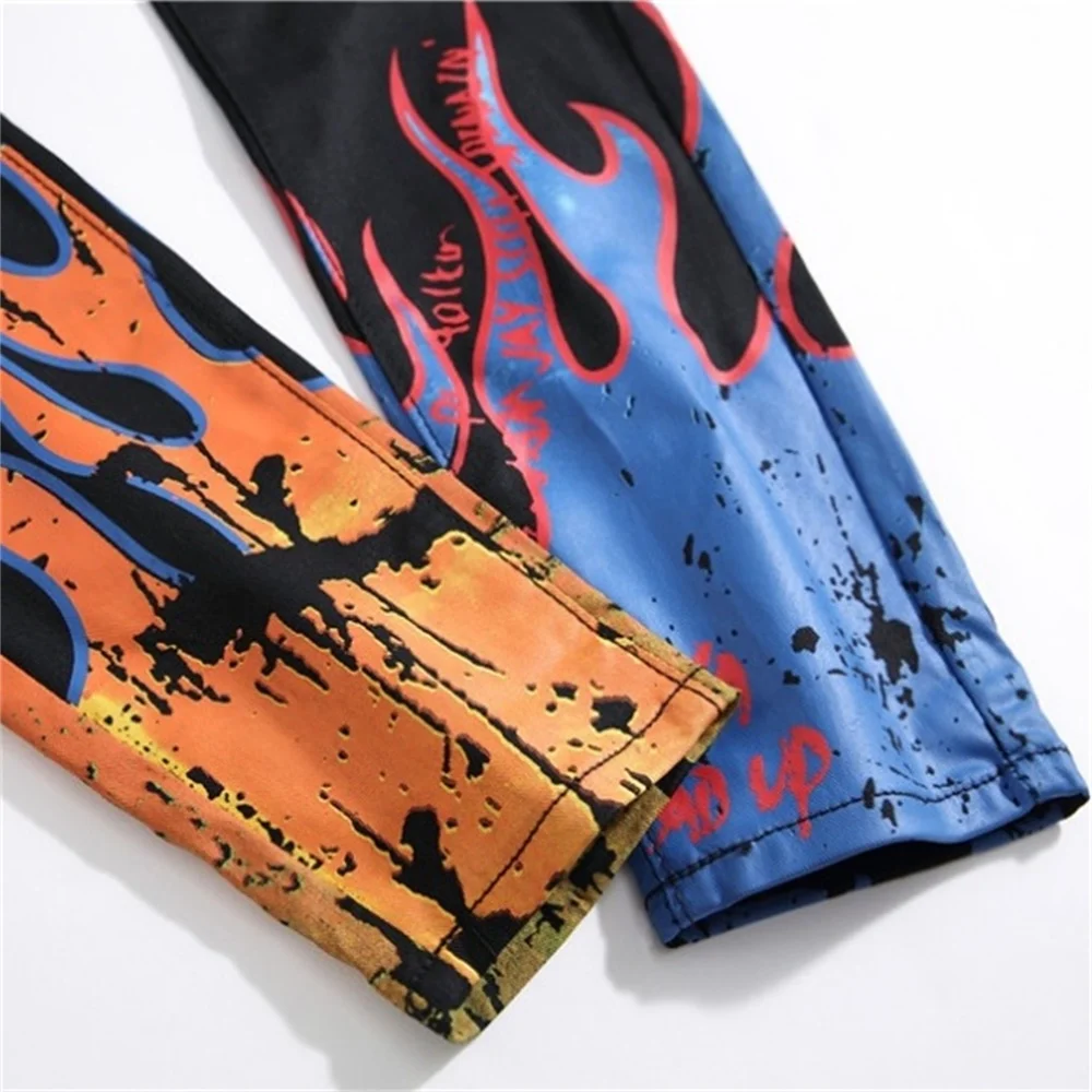 EH·MD® Graffiti Black Jeans Men's Flame Skull Print 90s Street Style Cotton Zipper Trousers 2020 New Trend Personality Thin Feet