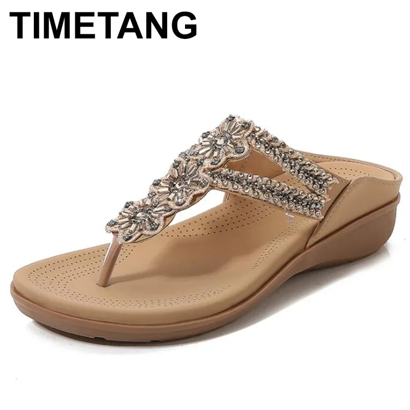 TIMETANGWomen Slippers Summer Fashion Flowers Beaded Rhinestone Thick Bottom Casual Sandals Breathable Retro Wild Wedges Slipper