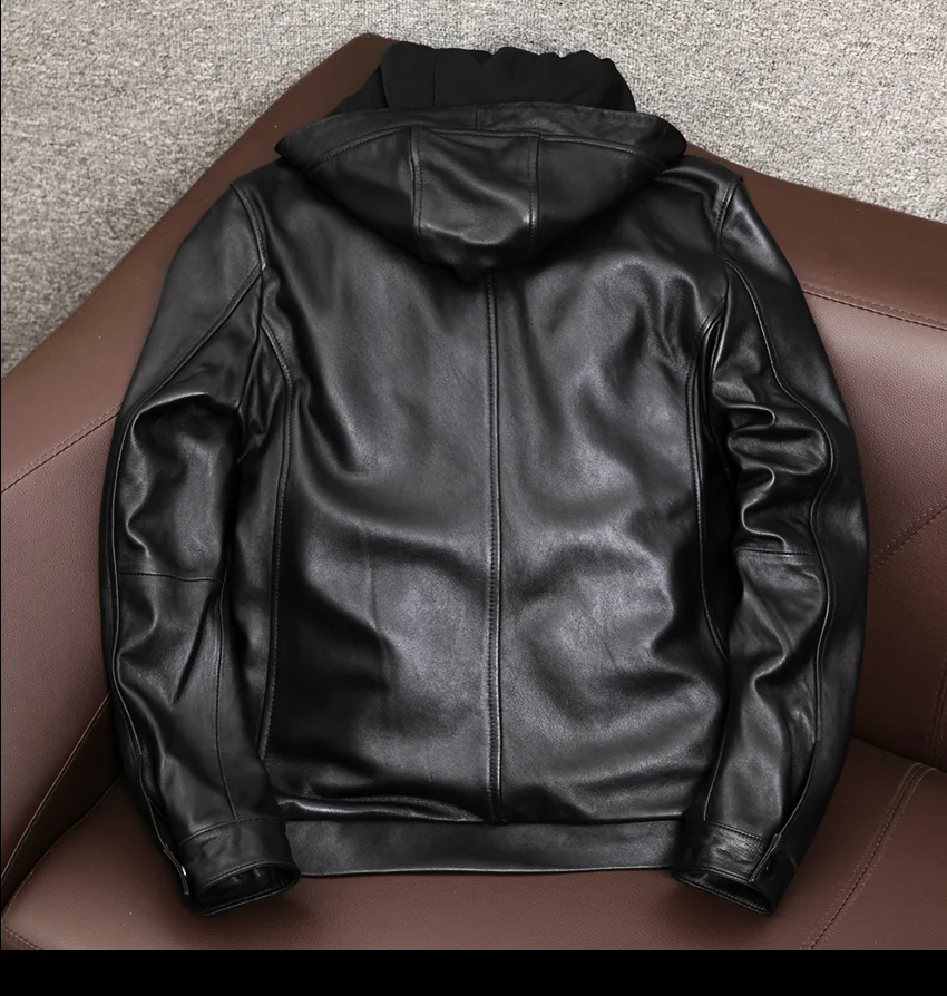AYUNSUE Men's Genuine Leather Jacket Men Hooded Korean Natural
