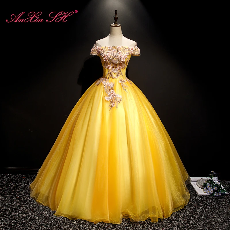 AnXin SH flower princess golden lace luxury vintage beading pink flower boat neck stage rose pearls bride host evening dress