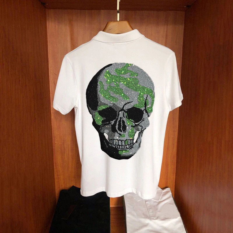 

European Summer Tops Men's Short-Sleeved Skull T-Shirt Trend Business Polo Pure Cotton Hot Drill Breathable Streetwear