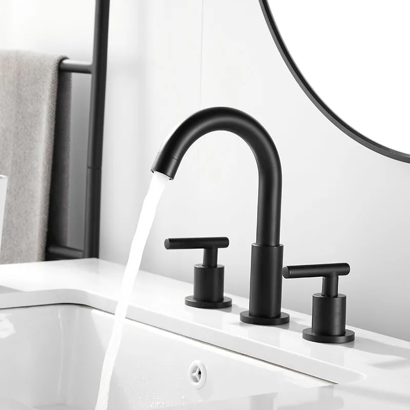 Imagem -02 - Bakala 2-lidar com Polegada Generalizada Torneira da Pia do Banheiro Furos de Bronze Vanity Faucet com Linhas de Abastecimento de Água Fria e Quente Preto Fosco