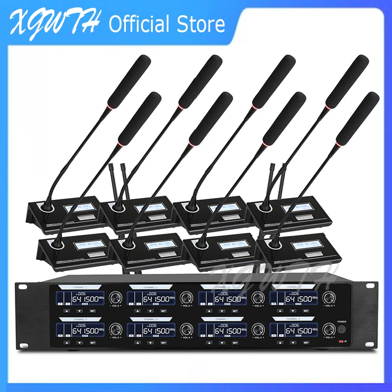 

XGWTH UHF Digital Wireless Microphone System 8 Table Gooseneck Desktop Mic Conference Discussion Meeting Room 4 Antenna Receiver