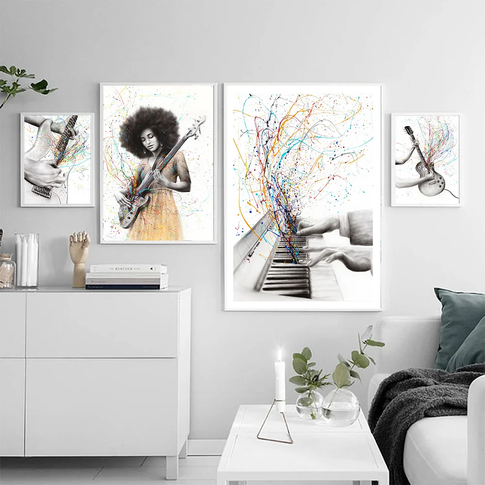 Piano Colourful Note Wall Painting Cool Girl Play The Guitar Posters and Prints Nordic Wall Pictures for Living Room Home Decor