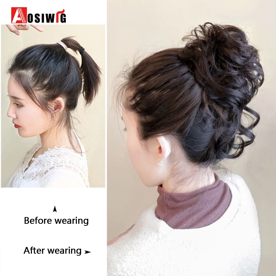 AOSIWIG Messy Curly Chignon do kokardki do włosów syntetyczne elastyczne Scrunchy naturalne włosy kok włosy Clip In Tail Extension sztuczne włosy