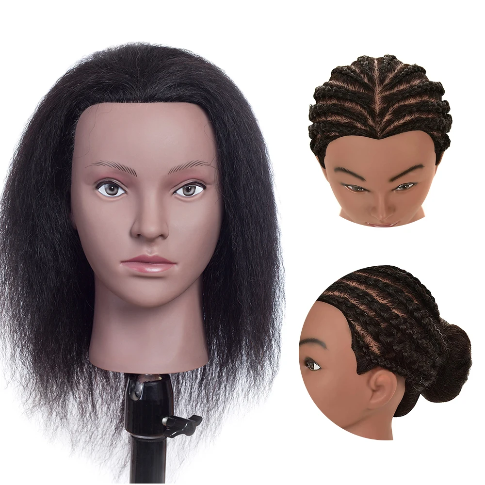 

Professional Styling Head Afro Mannequin Head with Stand for Hairdressers Barber Practice Braiding Training Doll Real hair