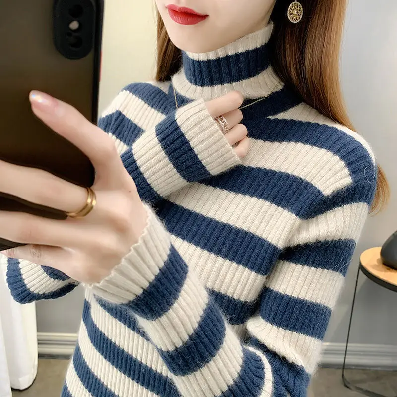 

Knitted Turtleneck Sweater Women Elegant Striped Jumper 2022 Winter Pullover Oversize Top Long Sleeve Korean fashion Clothes