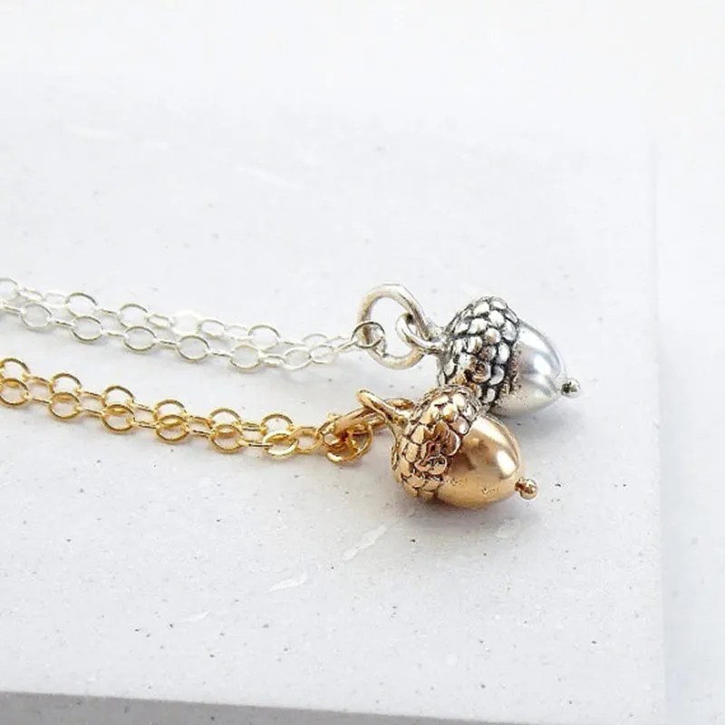 2pcs Oak Acorn Pinecone Necklace Minimal Cute Cartoon Solid Squirrel Nut Pine Cone Tree Fruit Bullet Charm Chain  Choker