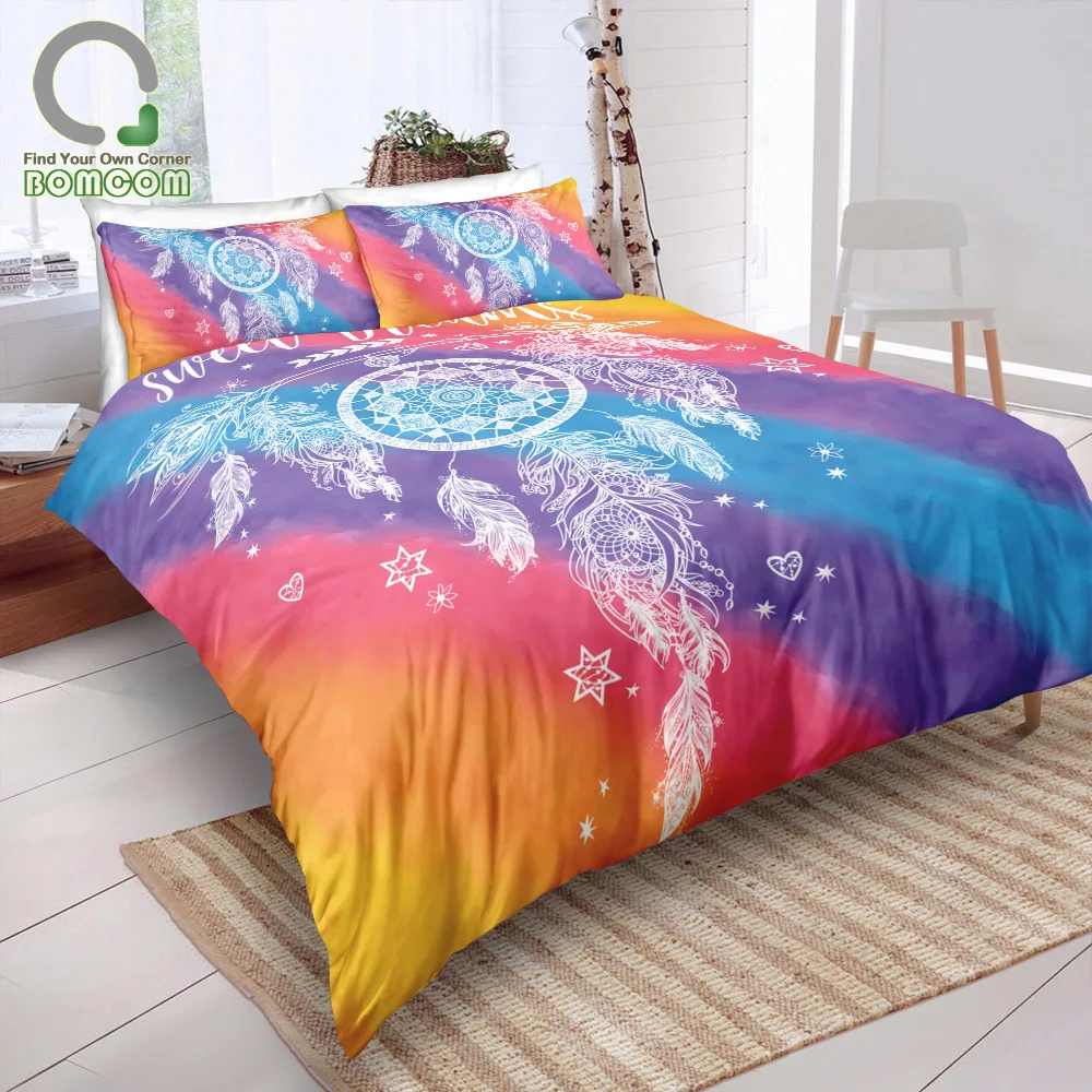 BOMCOM Digital Printing Bedding Set Dream Catcher Rainbow Background White Arrow Vintage Boho Tribal Duvet Cover 100% Microfiber