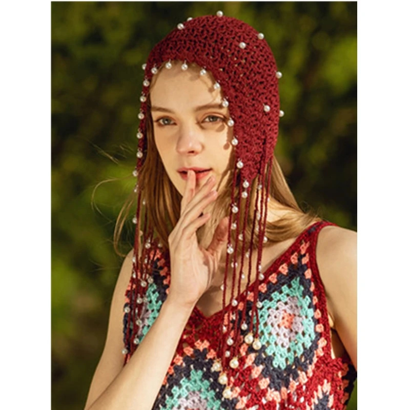 Women knitted hat spring  summer handmade hollow beanie cap ethnic style retro hat tassel princess cap