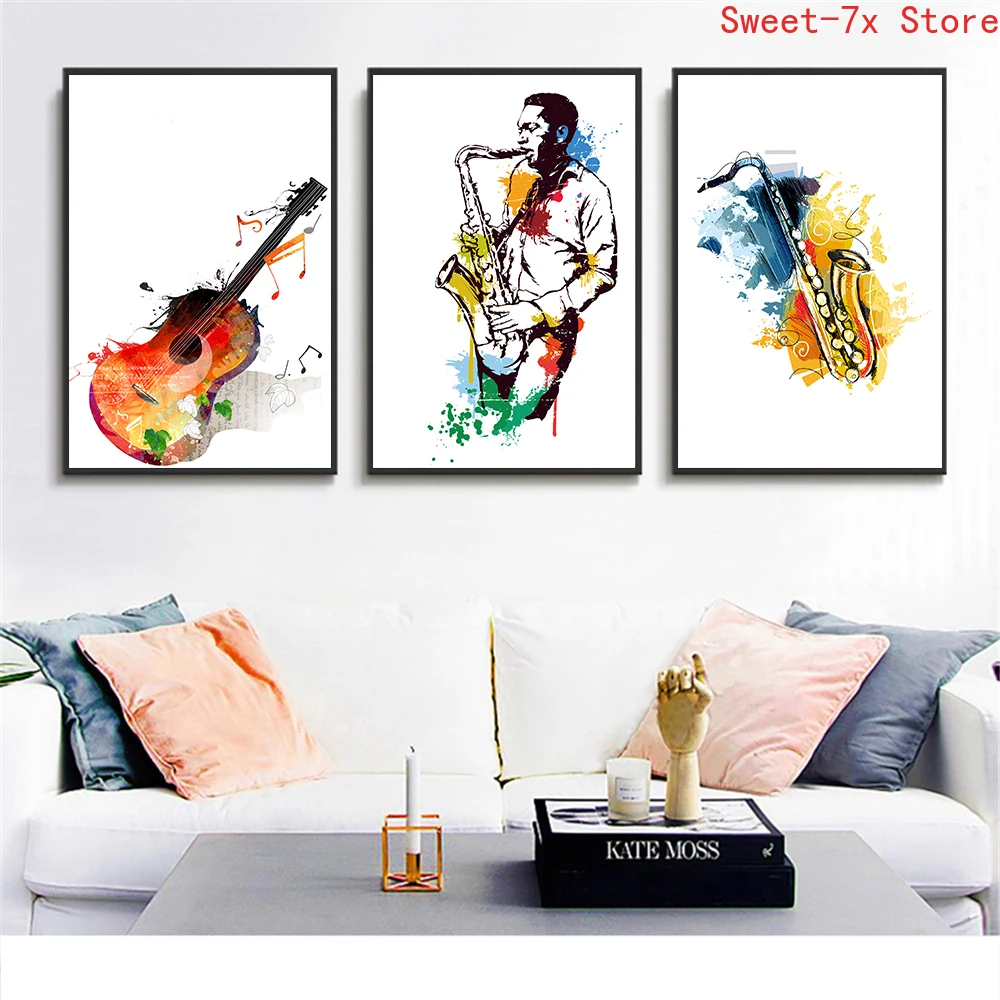 Watercolor Music Saxophone Guitar Canvas Painting Art Nordic Posters and Prints Wall Pictures for Living Room Decor Frameless