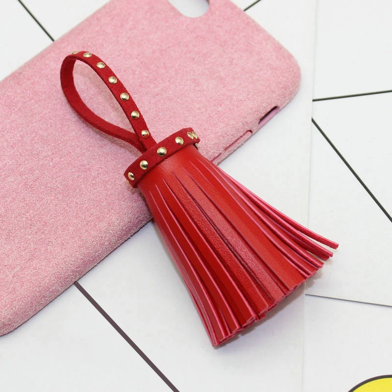 AIJJU 2 Pcs Colored PU Leather Gold Rivet Tassel DIY Craft Ornaments Keychain Tassels Jewelry Making Phone Shell Decor Pendants