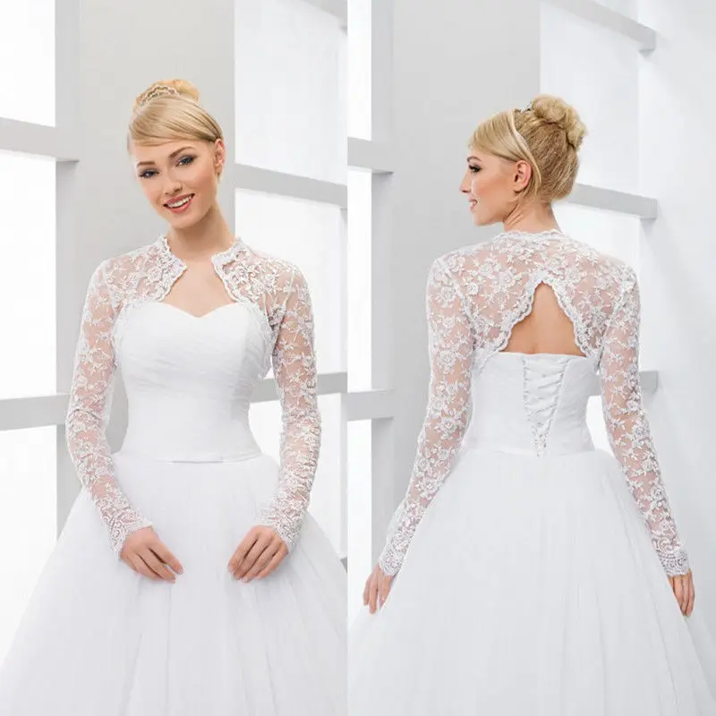 New Arrive Long Sleeve V Backless Bridal Wraps Wedding Lace Jacket Bolero Shawl Wraps White Ivory Custom Size Jackets