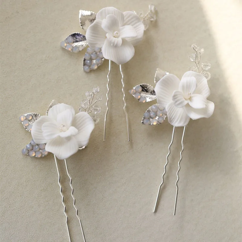 

SLBRIDAL Alloy Leaf Opal Crystal Ceramic Flower Freshwater Pearls Bridal Hair Pins Wedding Hair Sticker Women Hair Accessories