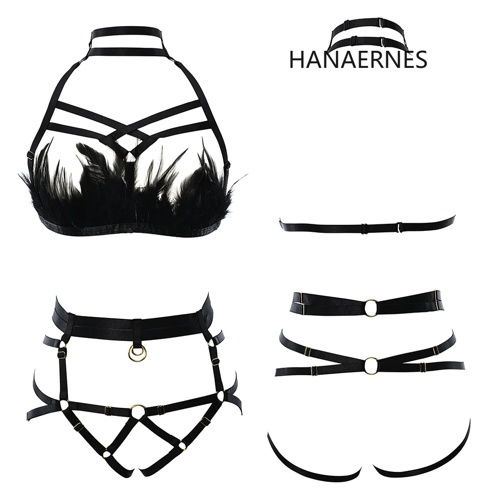 Hanaernes Zwarte Veer-Gewikkeld Crop Top Open Borst Kooi Band Beha Fetish Wear Bodem Slipje Sexy Lingerie Bondage Strap set