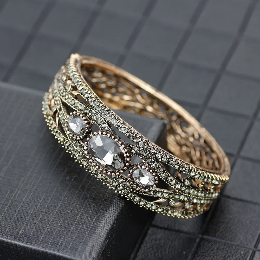 Sunspicems Vintage Turkish Cuff Bracelet Bohemia Women Crystal Bangle Gray Rhinestone Retro Gold Color Wedding Jewelry Gift