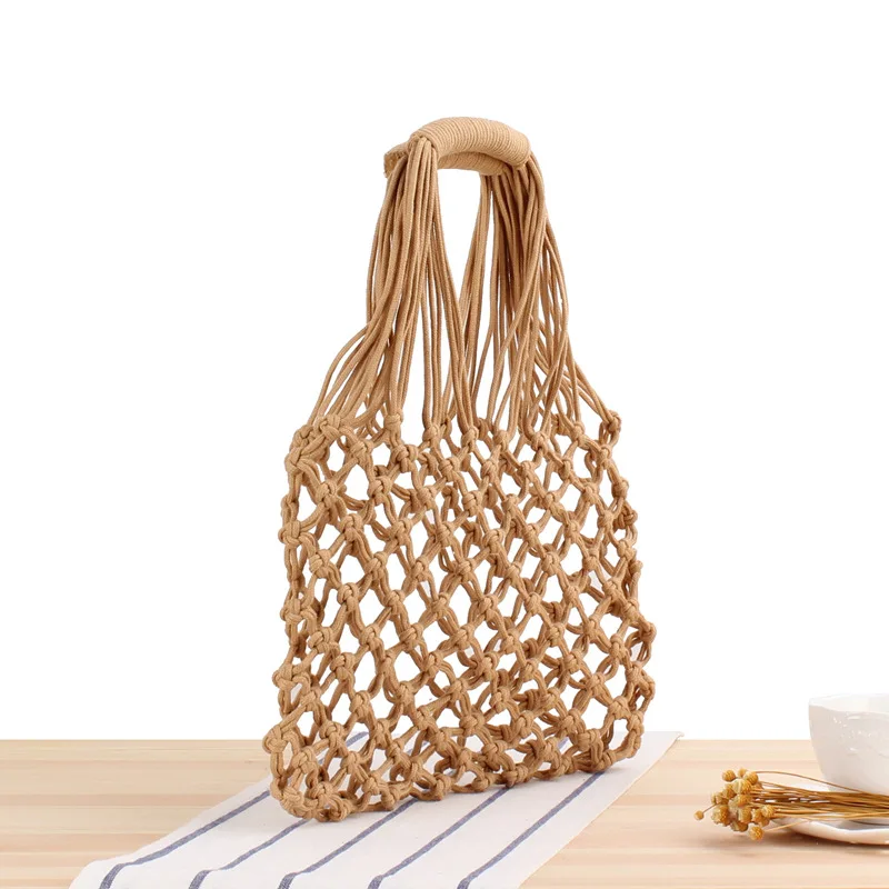 30x22CM   Handmade Hollow Handbag Woven Bag Trend Female Natural Style Straw Coated Cotton Rope Net Pocket Beach Bag a7132