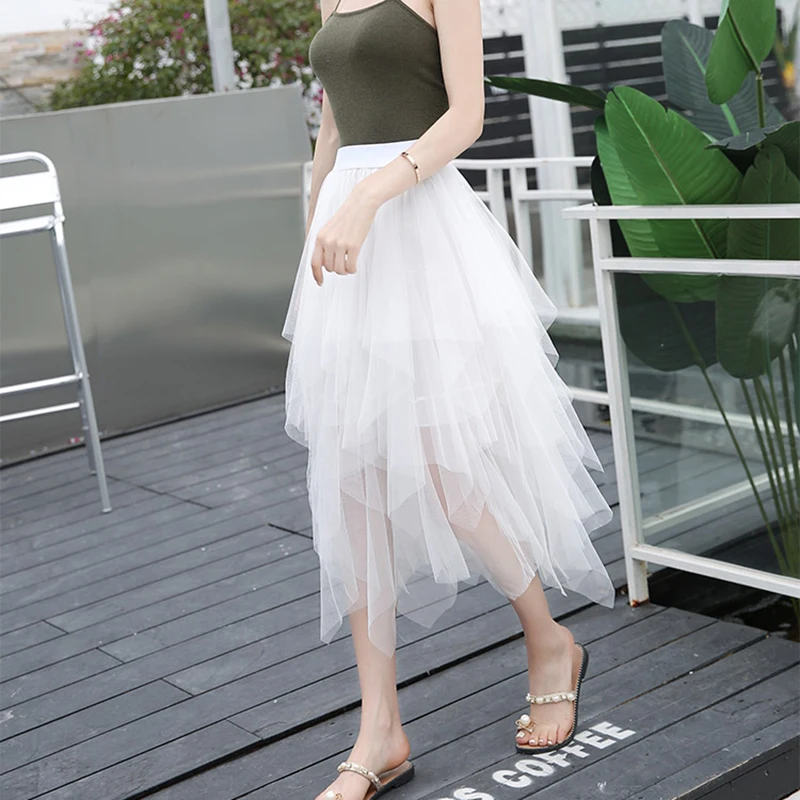 Rok Panjang Wanita Tulle Faldas Mujer Moda 2020 Fashion Elastis Tinggi Pinggang Mesh Tutu Maxi Lipit Midi Saias Jupe Wanita rok