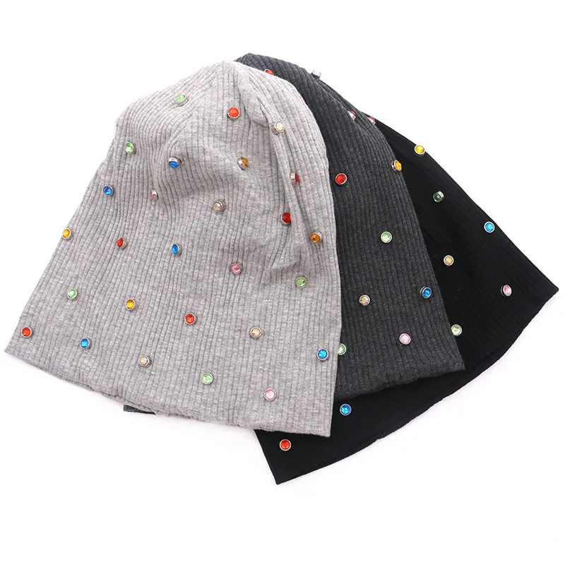 

Women Multi-color Rhinestones Black Cotton Beanie Hats New design Solid Ribbed Knit Caps ladies Bonnet Wholesale Slouch hats