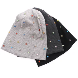 Women Multi-color Rhinestones Black Cotton Beanie Hats New design Solid Ribbed Knit Caps ladies Bonnet Wholesale Slouch hats