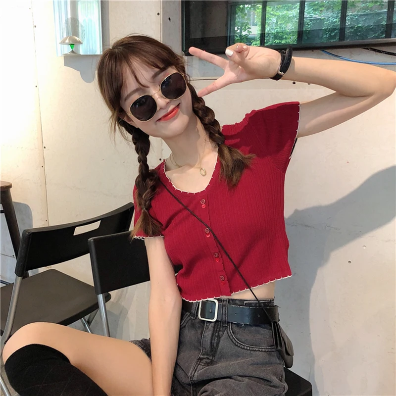 T-shirts Women Flounce Hem Tee Female Buttoned Up Tops V-Neck Solid Cotton Solid Short Sleeve T-shirt 2020 Summer