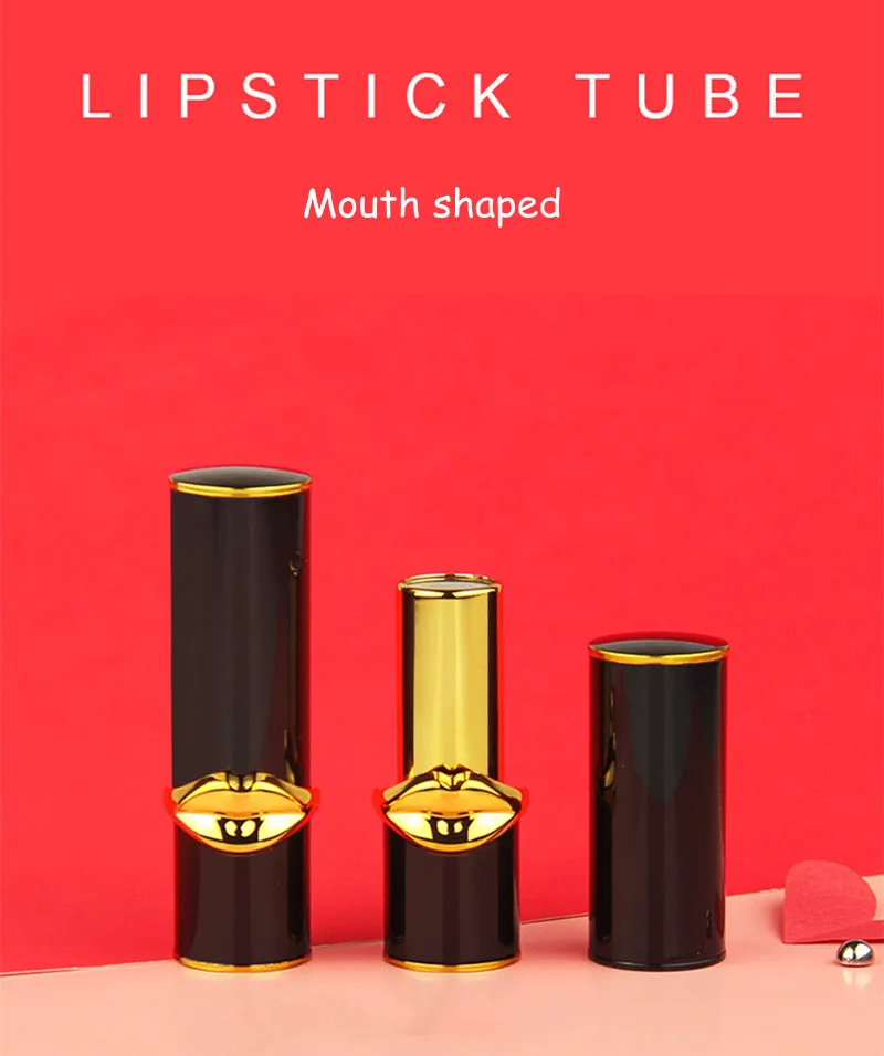 Lip Balm Container Lipstick Tube Gold Mouth Shaped Empty Lipstick Tube Black Lipstick Shell 12.1mm Cosmetic Packing