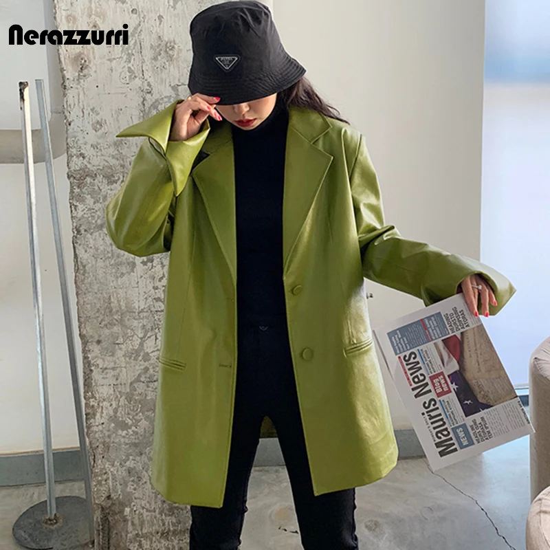 Nerazzurri Autumn Oversized Bright Soft Colored Faux Leather Blazer Jacket Women Long Sleeve Loose Stylish Korean Fashion 2021