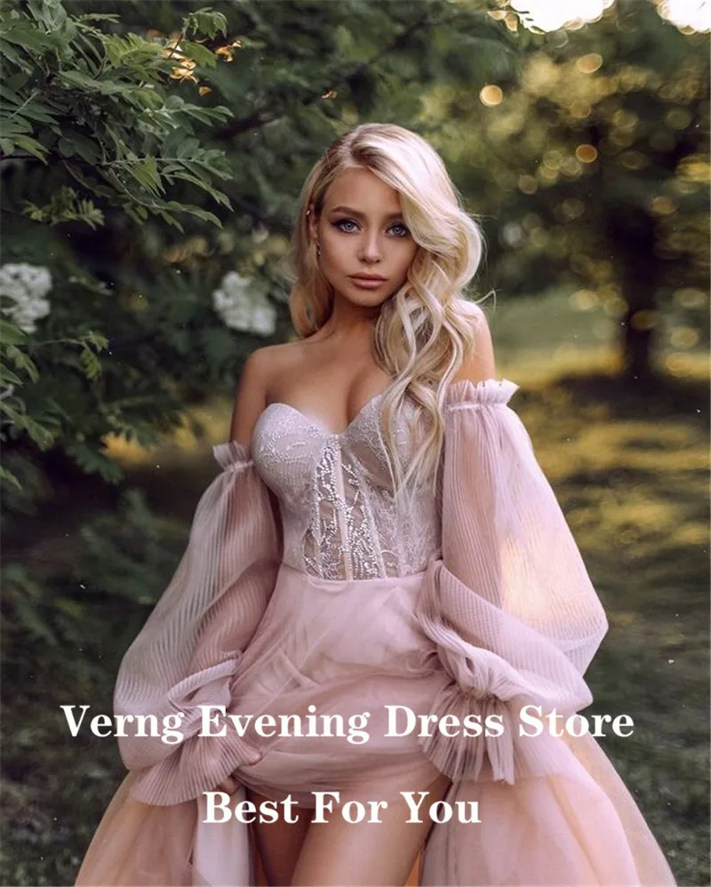 Verngo Dusty Pink Long Prom Dresses 2021 Off the Shoulder Sweetheart Tulle Romantic Elegant Princess Prom Party Gown Custom