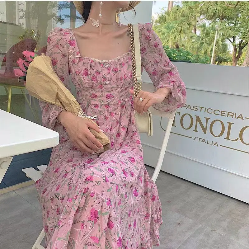 2021 French Elegant Square-neck Long Sleeve Dresses Women Spring Pink Flower Rose Printing Dress Slim Pearl Button Vestido Mujer