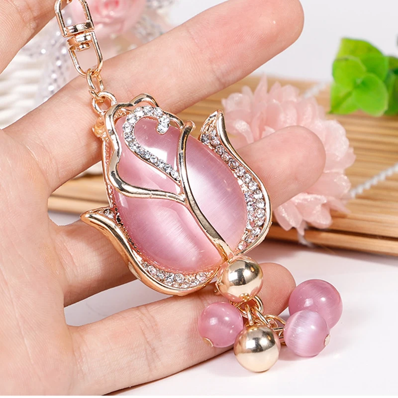 Exquisite Plant Series Crystal Keyring Ornaments Opal Tulip Shaped Flower Metal Keychain Bag Decoration Car Pendant Jewelry Gift