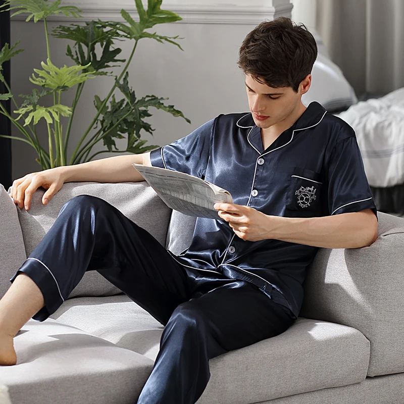 Ice Silk Sleepwear Male Summer Short Sleeve Long Pants Two-Piece Pajama Sets Thin Men Pyjamas Homewear 9008