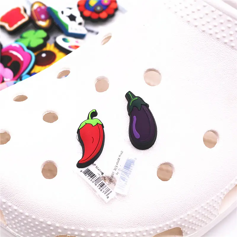 High Quality Shoe Charms Cute Chili and Eggplant PVC Shoes Decorations Sandals Accessories for Kids Party Gifts F22AL