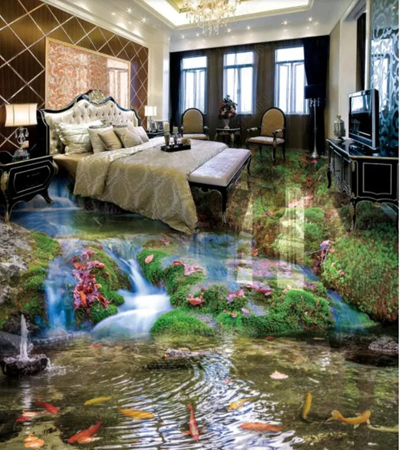 PVC Small stream, water, waterfall, nine fish non-slip waterproof self-adhesive 3D floor sticker tiles bathroom 3D wallpaper